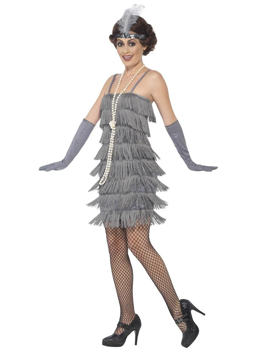 1920s Short Grey Fringed Womens Flapper Dress Costume