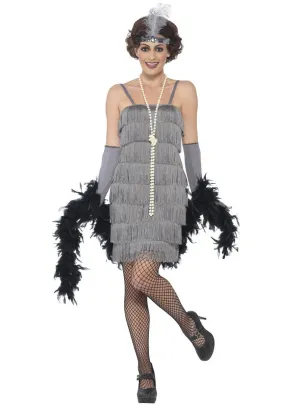 1920s Short Grey Fringed Womens Flapper Dress Costume