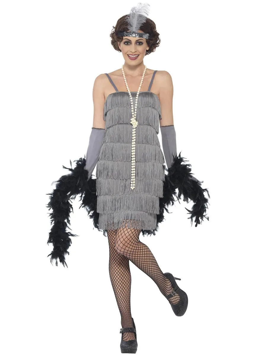 1920s Short Grey Fringed Womens Flapper Dress Costume