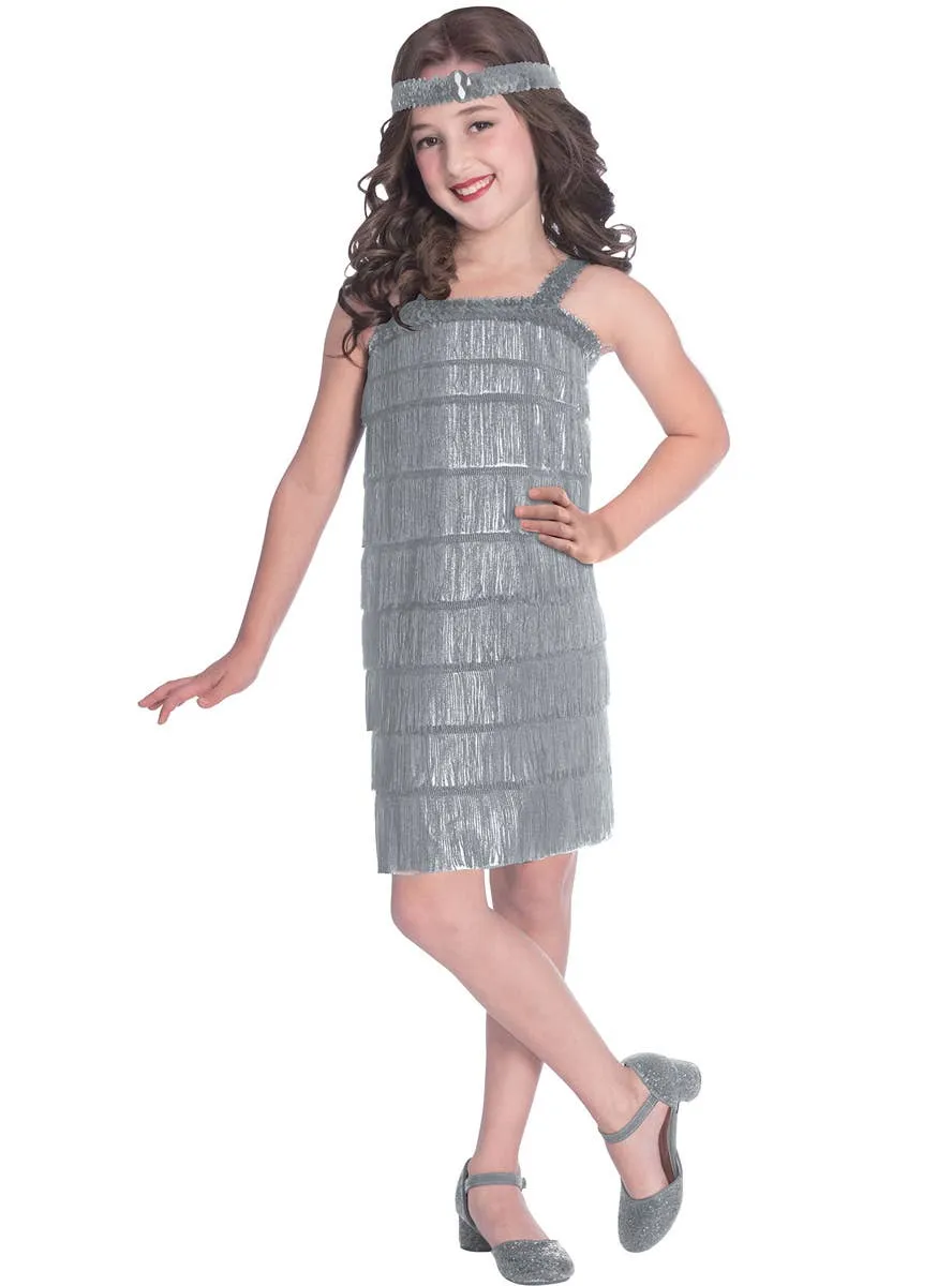1920s Silver Fringed Flapper Dress Girls Costume