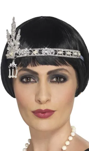 1920s Silver Metal Flapper Headband with Rhinestones