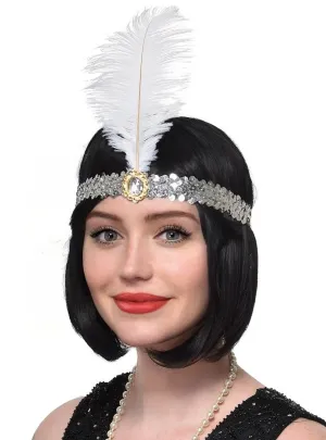 1920s Silver Sequin Flapper Costume Headband with Large Feather