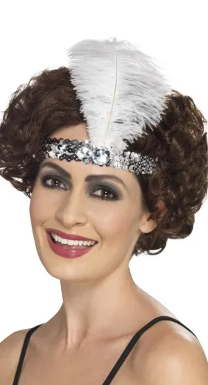 1920s Silver Sequin Flapper Headband with Feather