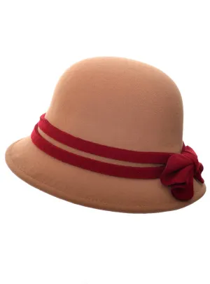 1920s Tan Woollen Look Cloche Costume Hat with Red Band