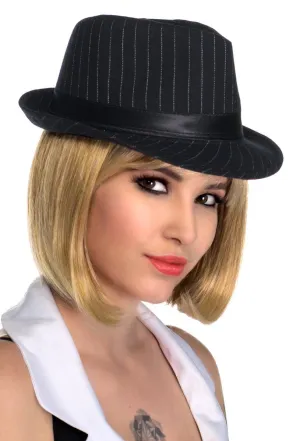 1920s Womens Black Gangster Trilby Hat with White Pinstripes