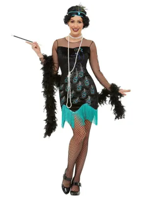 1920s Womens Black Velvet Peacock Flapper Dress Costume