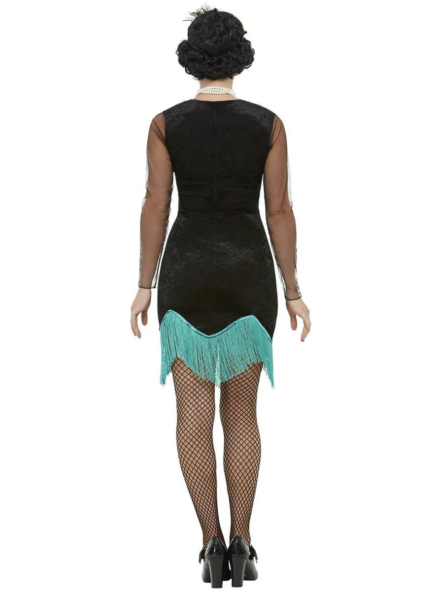 1920s Womens Black Velvet Peacock Flapper Dress Costume