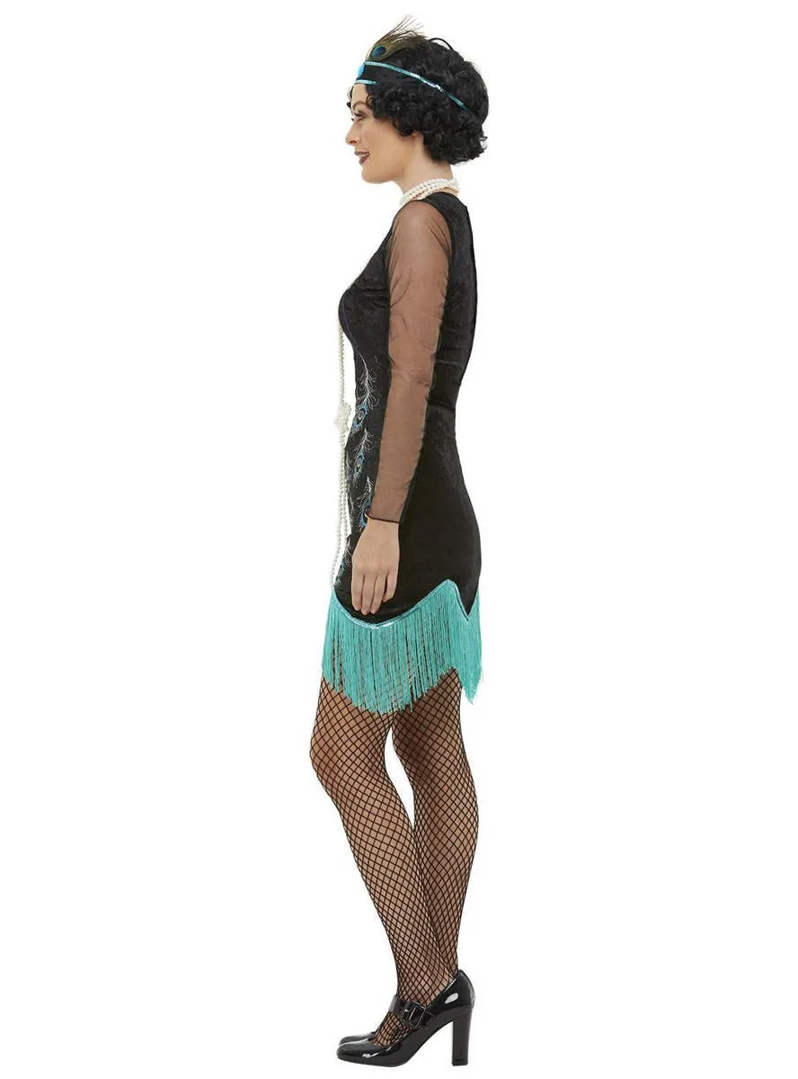 1920s Womens Black Velvet Peacock Flapper Dress Costume