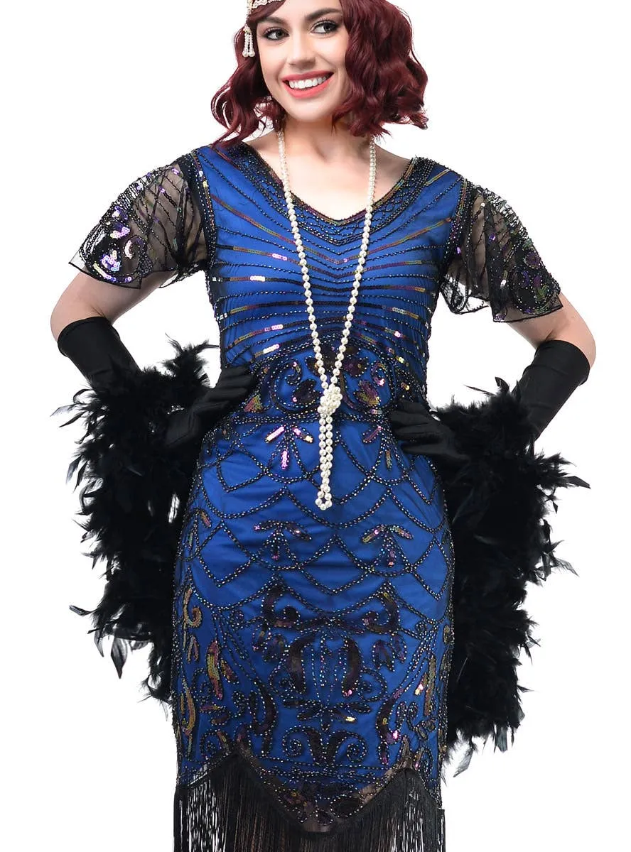 1920s Womens Blue and Black Gatsby Dress Costume with Flutter Sleeves