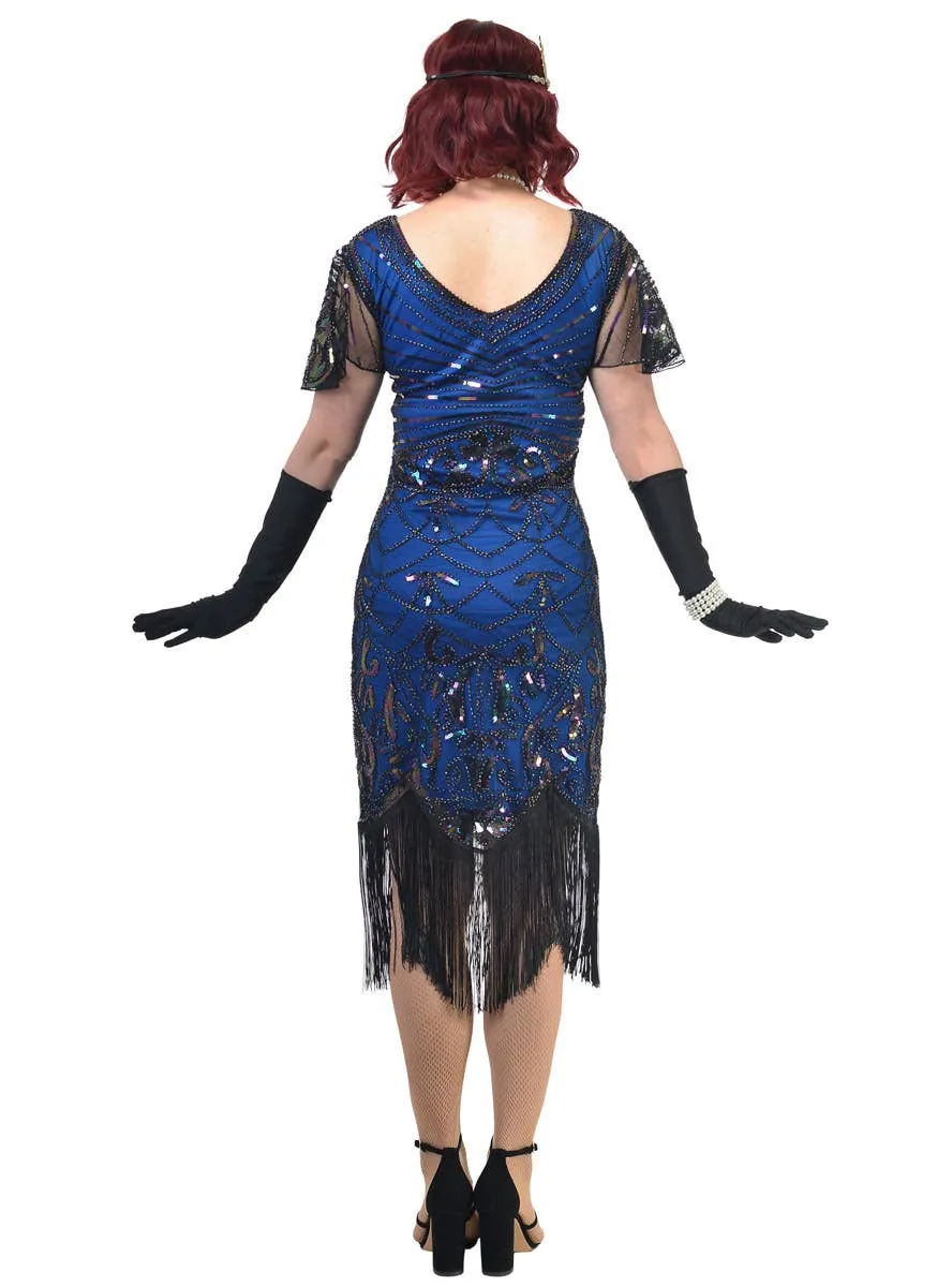 1920s Womens Blue and Black Gatsby Dress Costume with Flutter Sleeves