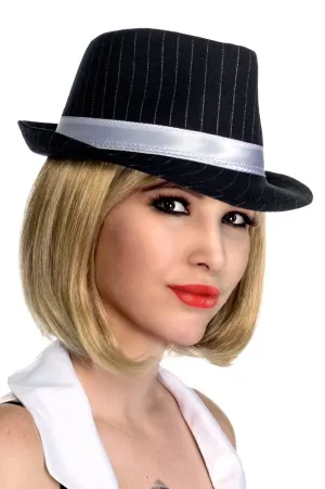 1920s Womens Gangster Pinstriped Black Trilby Hat with White Band