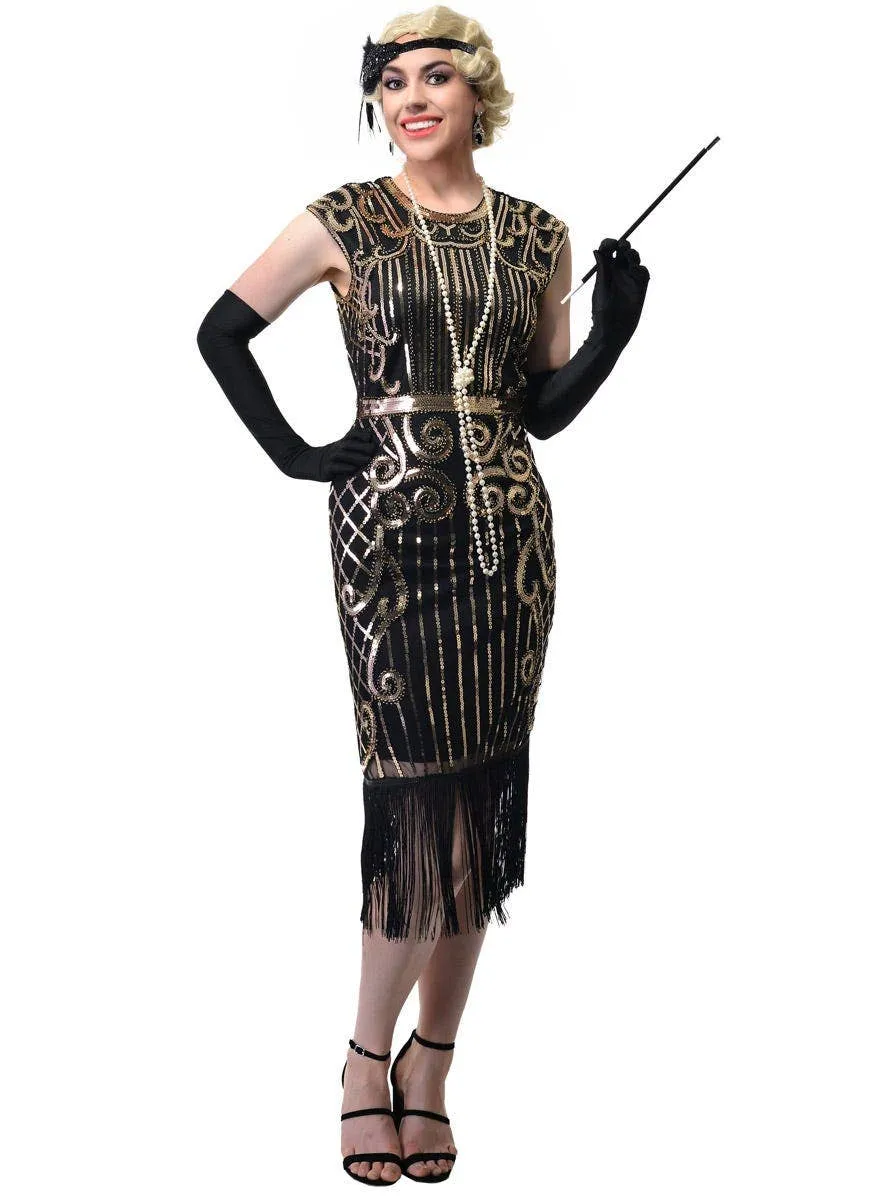 1920s Womens Plus Size Gold and Black Flapper Dress