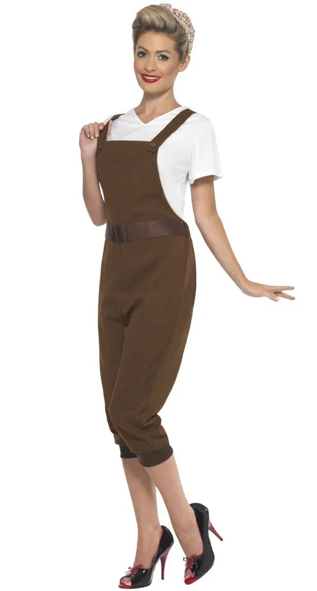 1940s Brown WW2 Land Girl Womens Fancy Dress Costume