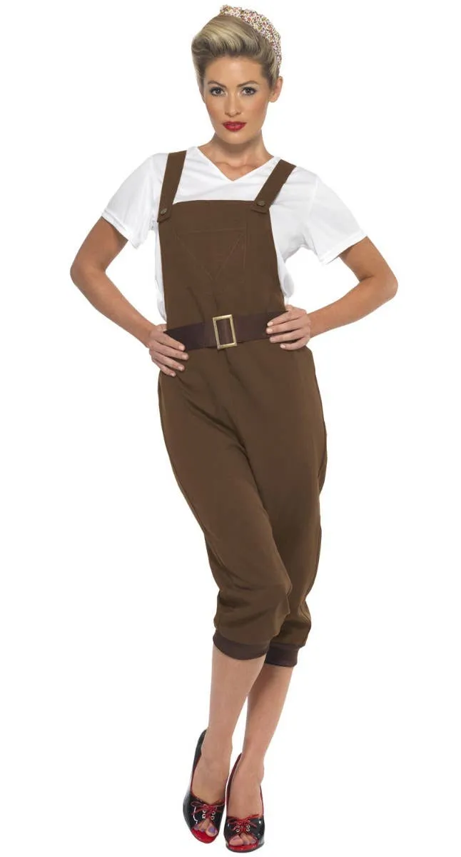 1940s Brown WW2 Land Girl Womens Fancy Dress Costume