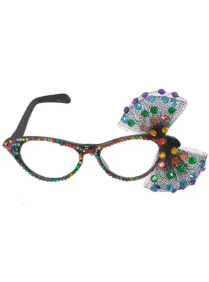 1950s Rainbow Rhinestone Bow Costume Glasses
