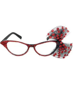 1950s Red Rhinestone Bow Costume Glasses