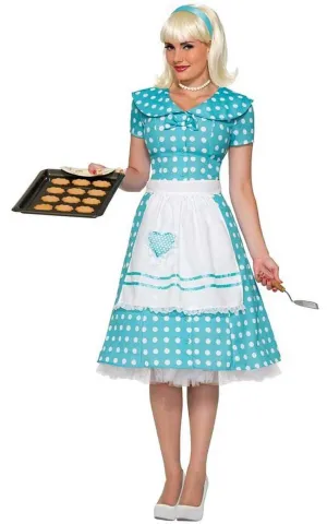 1950s Womens Blue Polka Dot Housewife Costume