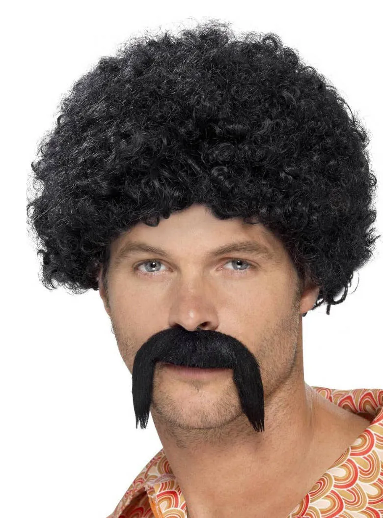 1970s Disco Dirtbag Black Wig and Moustache Set