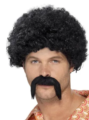 1970s Disco Dirtbag Black Wig and Moustache Set