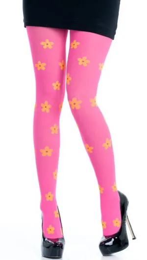 1970s Neon Pink Pantyhose with Yellow Flowers