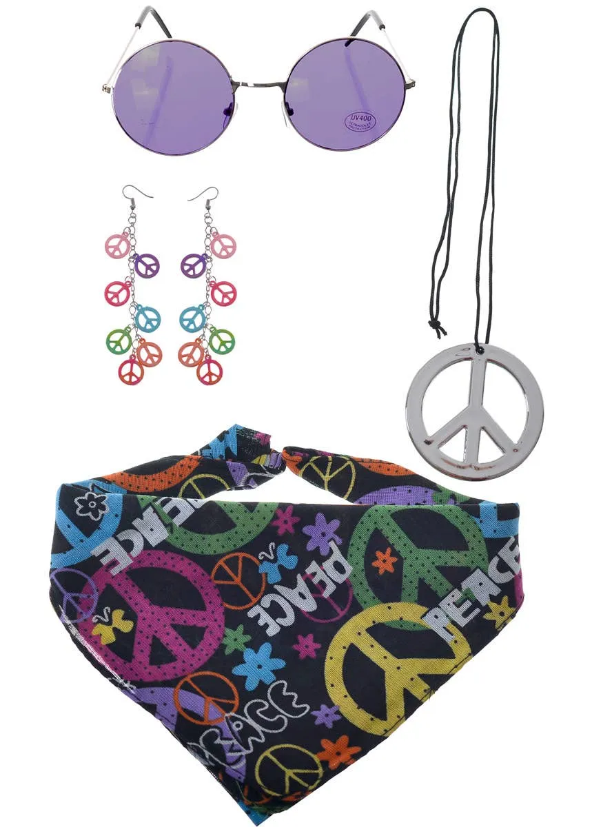1970s Peace Sign Hippie Accessory Set with Round Purple Glasses
