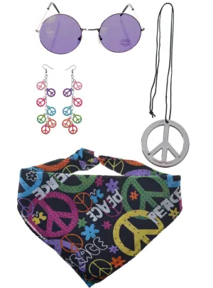 1970s Peace Sign Hippie Accessory Set with Round Purple Glasses