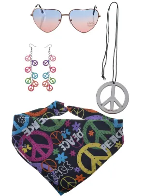 1970s Peace Sign Hippie Costume Accessory Set with Heart Glasses