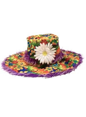 1970s Rainbow Hippie Costume Hat with Purple Fur Trim