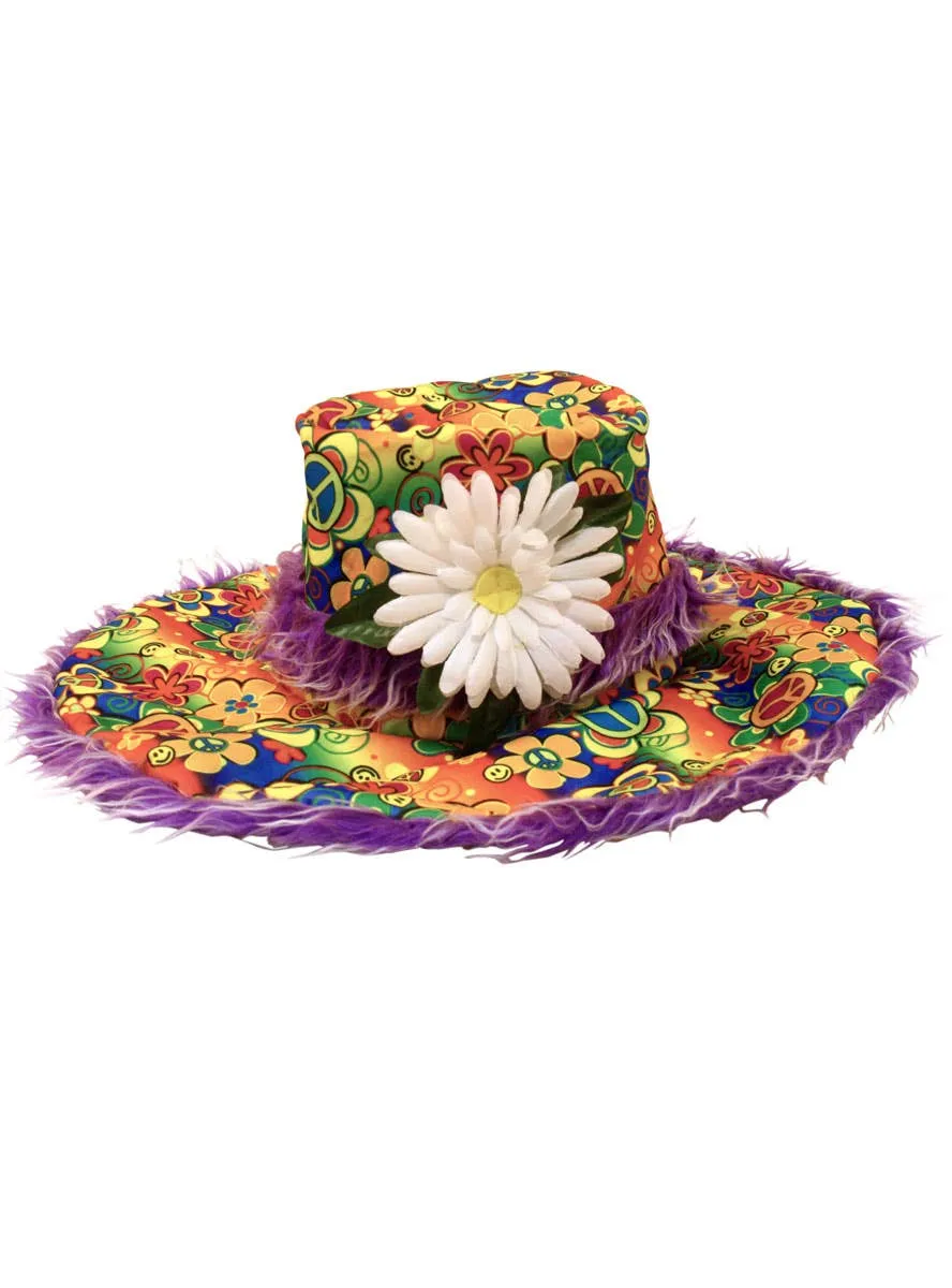 1970s Rainbow Hippie Costume Hat with Purple Fur Trim
