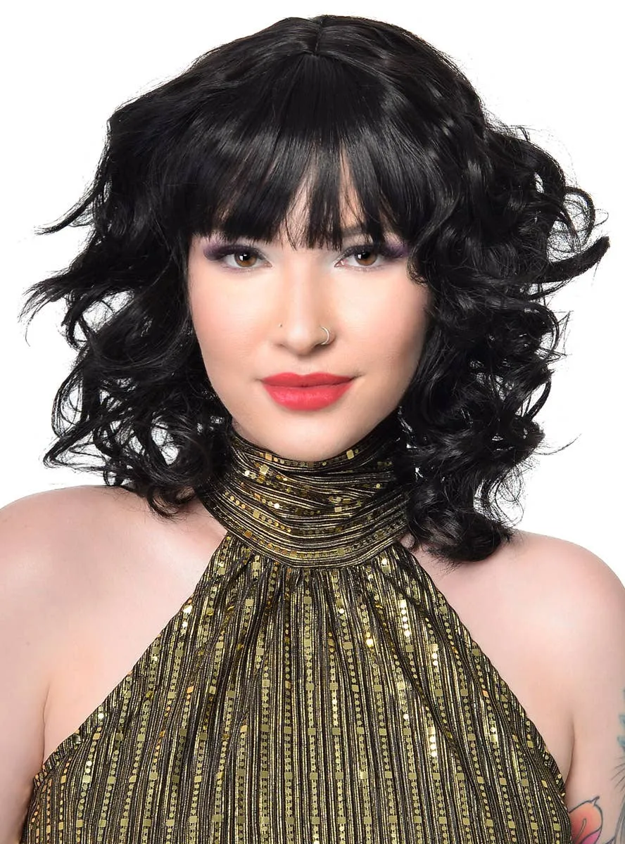 1970s Shag Style Womens Black Costume Wig with Fringe