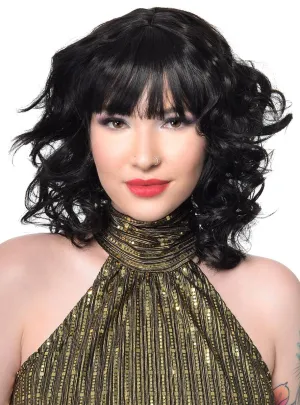 1970s Shag Style Womens Black Costume Wig with Fringe