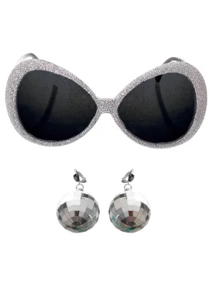 1970s Silver Glitter Disco Sunglasses and Mirror Ball Earrings