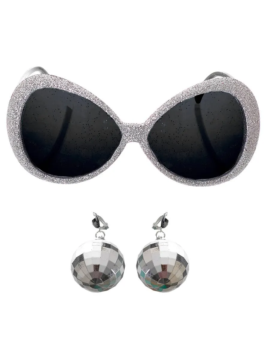 1970s Silver Glitter Disco Sunglasses and Mirror Ball Earrings