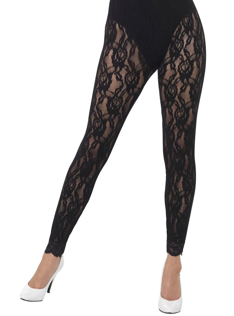1980s Black Lace Womens Footless Costume Leggings