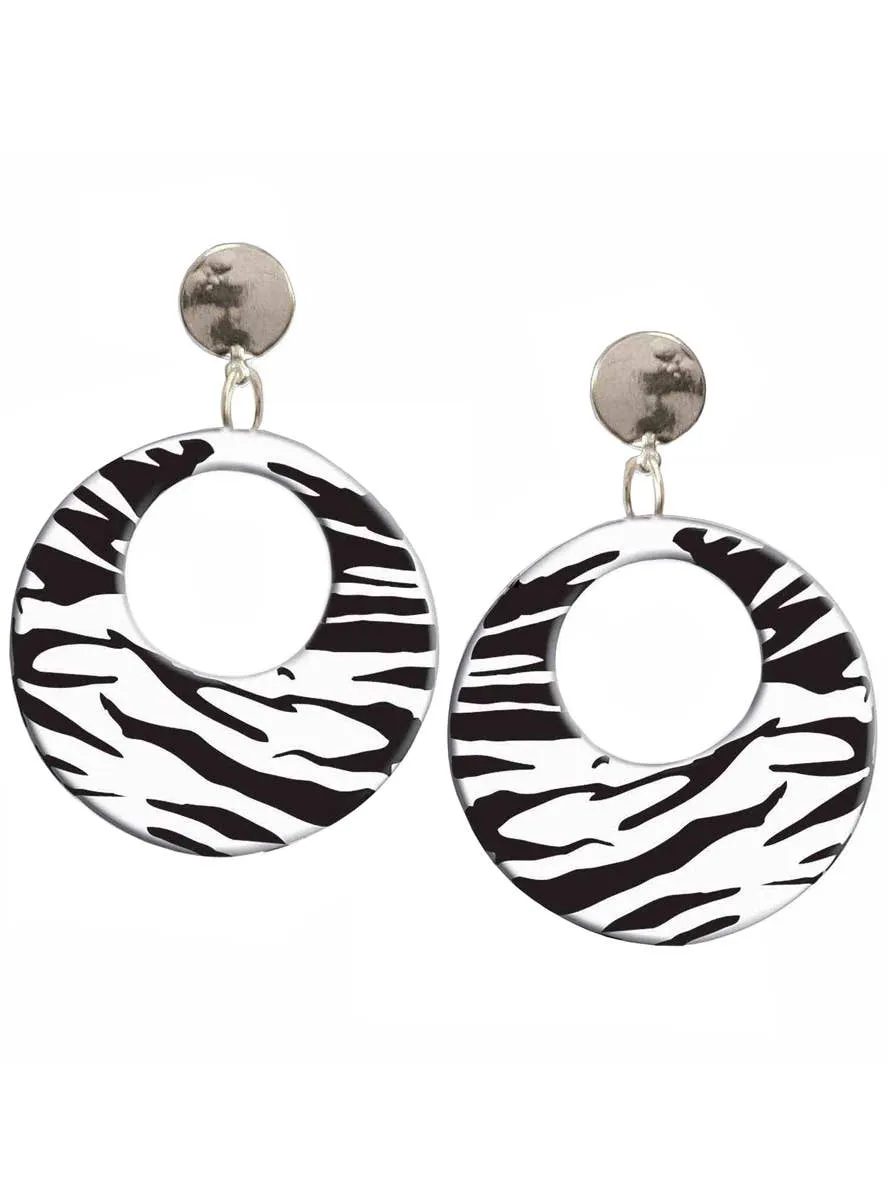 1980s Clip On Black and White Zebra Print Costume Earrings