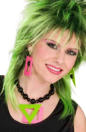 1980s Neon Pink And Green Geometric Shape Necklace and Earring Set