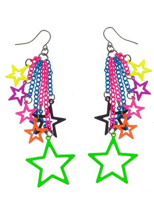 1980s Neon Rainbow Stars 10cm Drop Costume Earrings