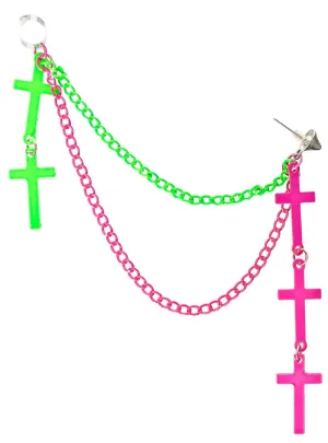 1980s Pink and Green Chains and Crosses Costume Earring Cuff