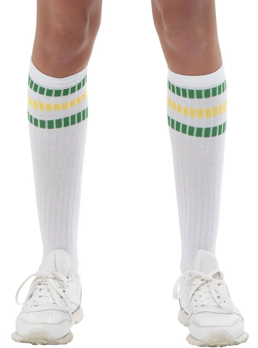 1980s White Knee High Costume Socks With Green and Yellow Stripes