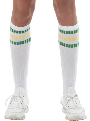1980s White Knee High Costume Socks With Green and Yellow Stripes