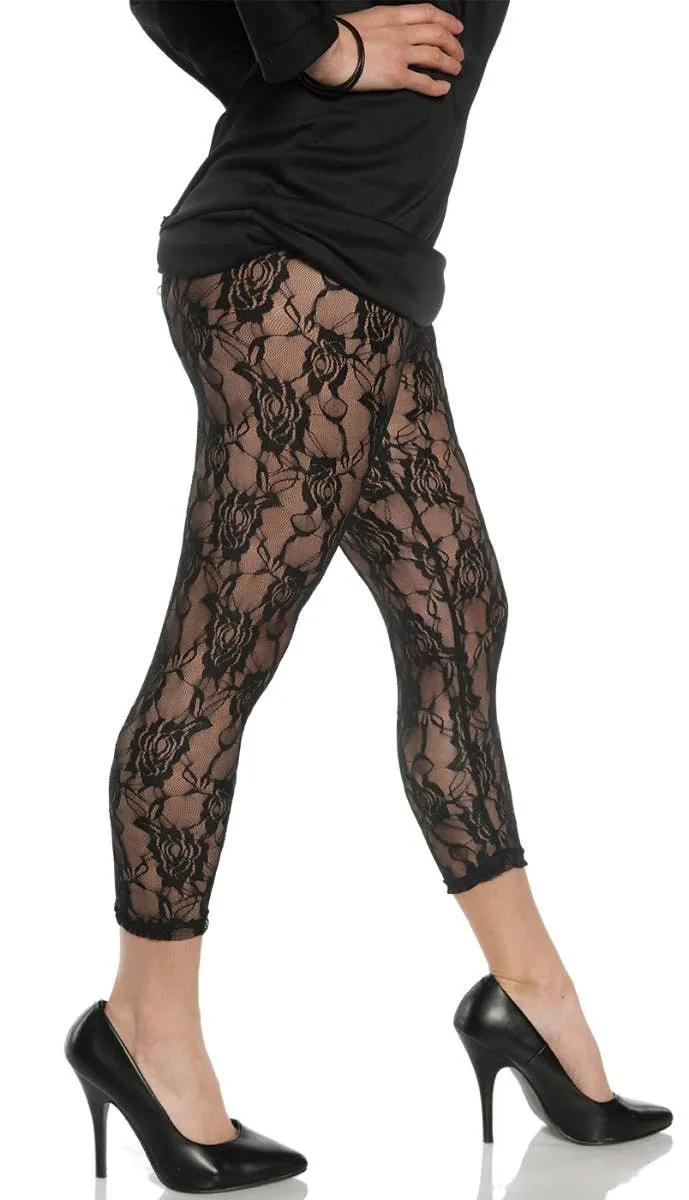 1980s Womens Floral Black Lace Costume Leggings