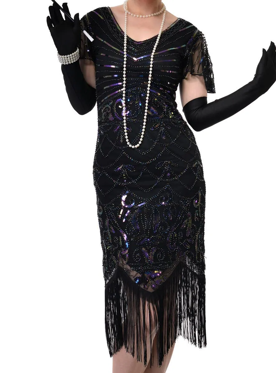 20s Womens Long Black Cap Sleeve Gatsby Dress with Iridescent Sequins