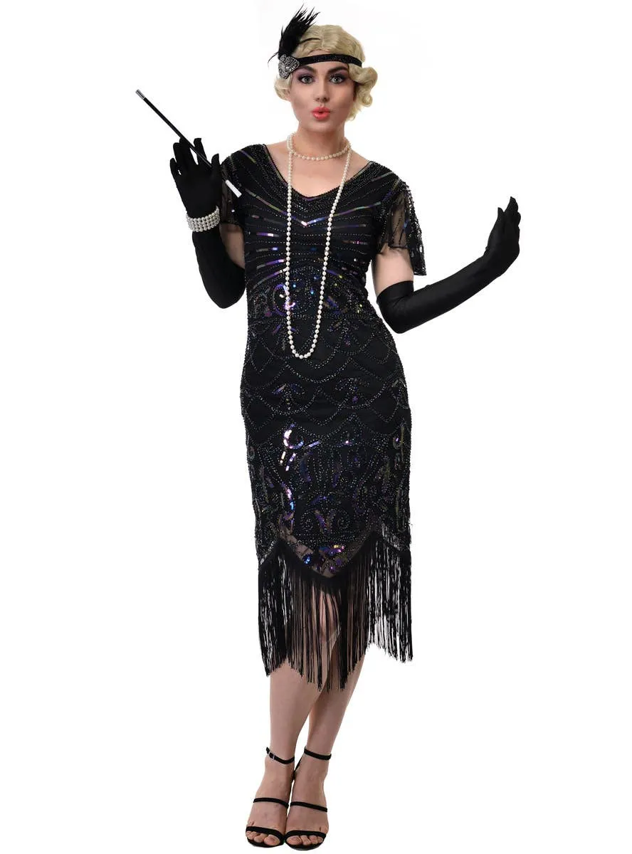 20s Womens Long Black Cap Sleeve Gatsby Dress with Iridescent Sequins