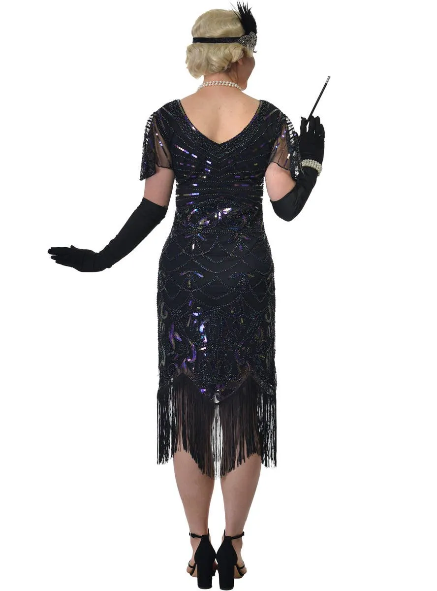 20s Womens Long Black Cap Sleeve Gatsby Dress with Iridescent Sequins