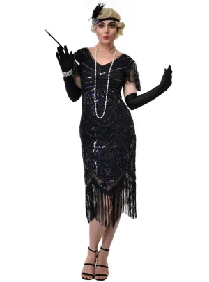 20s Womens Long Black Cap Sleeve Gatsby Dress with Iridescent Sequins