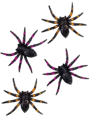 4 Pack Orange and Purple Glitter Spiders Halloween Decoration