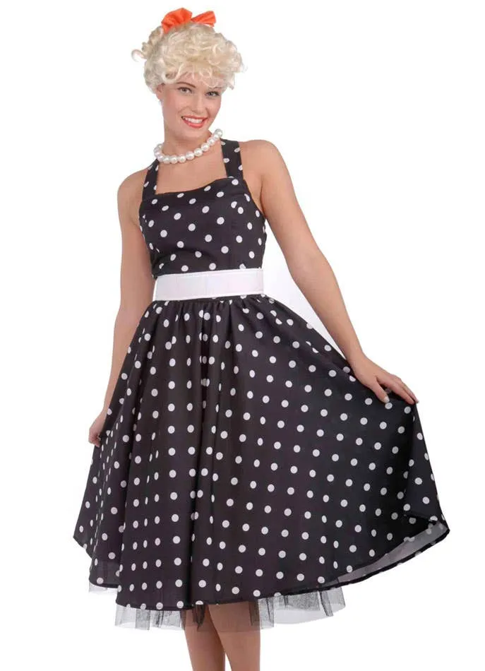 50s Cutie Womens Retro Black Polka Dot Costume