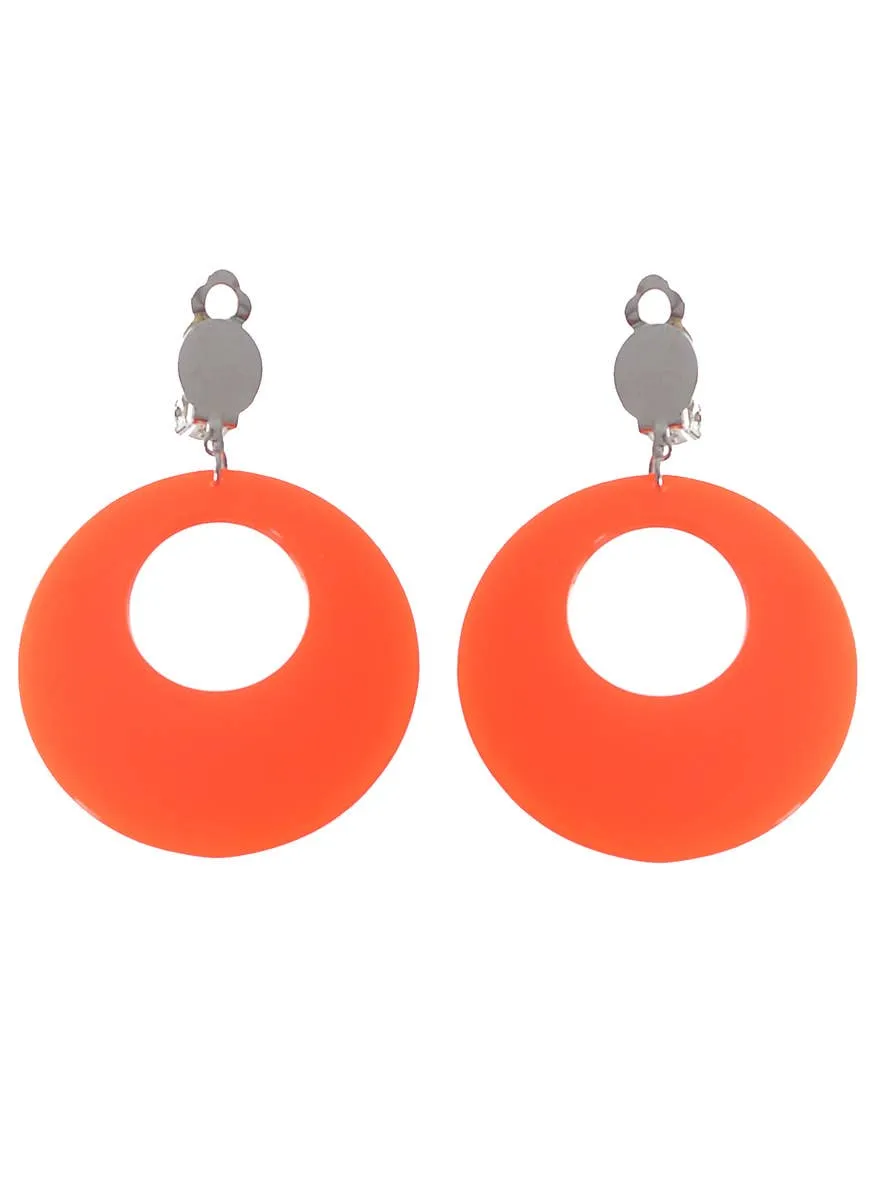 60s Neon Orange Clip On Round Costume Earrings