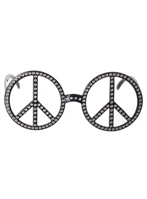 70s Black Faux Rhinestone Peace Sign Costume Glasses