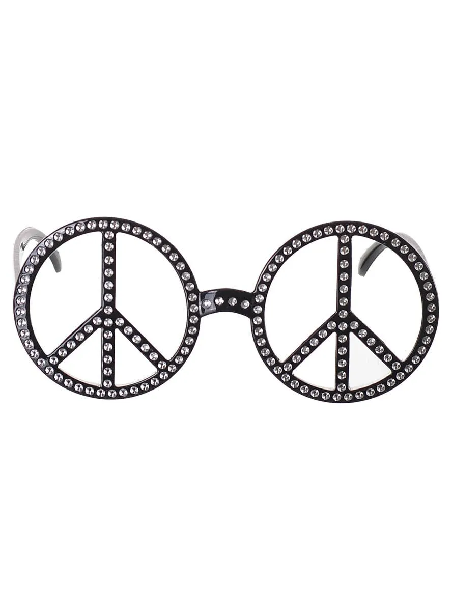 70s Black Faux Rhinestone Peace Sign Costume Glasses